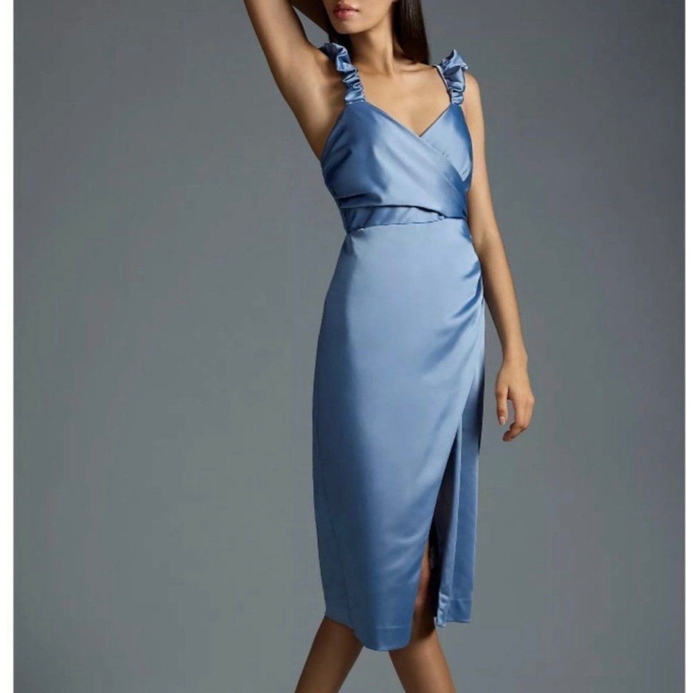 MSRP$220 Satin Ruffle Strap Faux Wrap Midi Dress Slate Blue Petite Large LP